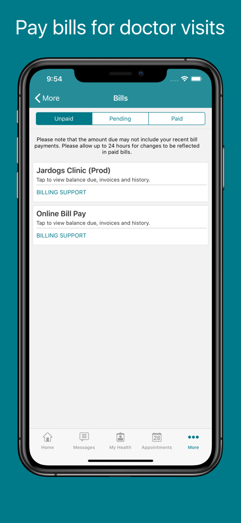 FollowMyHealth app screen for viewing and paying medical bills for doctor visits
