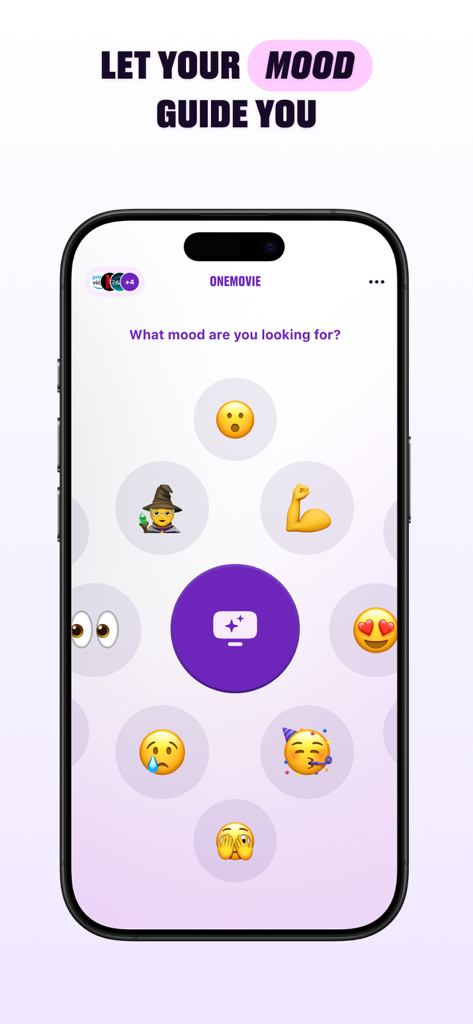 OneMovie - Movies & TV shows - Interfaccia dell'app OneMovie per la selezione di un film in base all'umore tramite emoji.