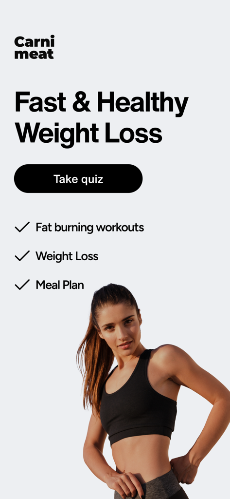 Carnimeat - Pantalla de la aplicación Carnimeat que muestra funciones de pérdida de peso rápida y saludable con entrenamientos para quemar grasa y planes de comidas