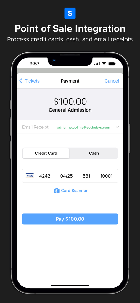 Events & Guest Lists | Diobox - Interface do aplicativo móvel Diobox mostrando integração de ponto de venda para processar pagamentos de ingressos de eventos