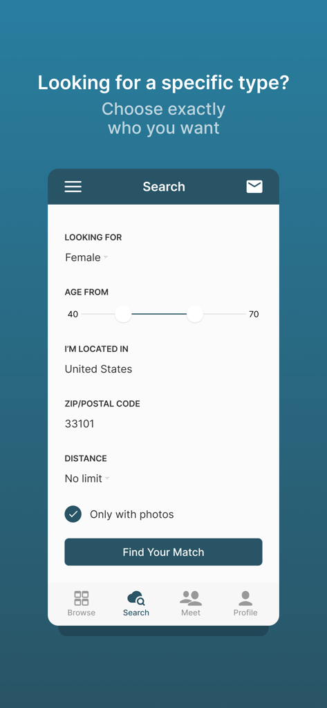 Sober Dating Service App - Search screen of the Sober Dating Service app showing filters for gender age and location