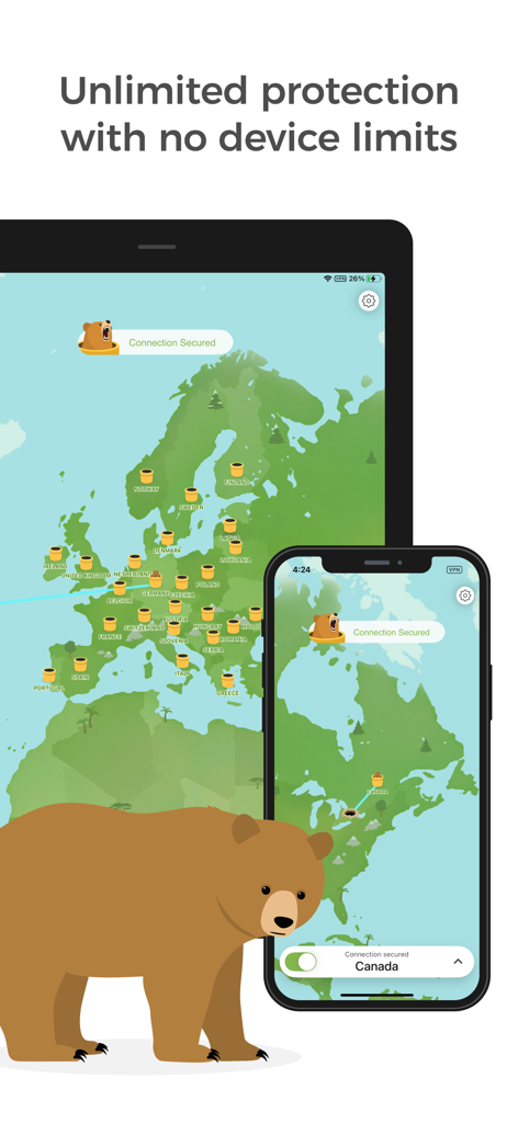 Interface de l'application VPN TunnelBear affichée sur smartphone et tablette avec un ours brun illustré