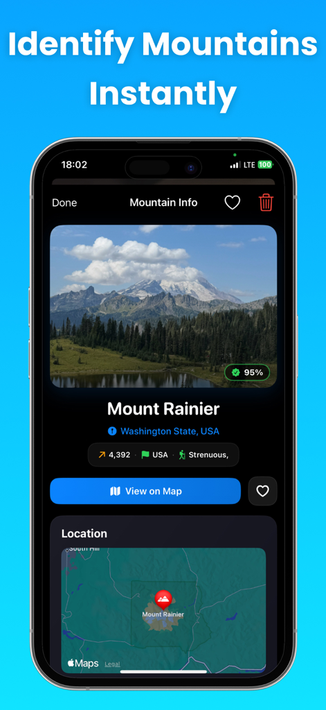 Mountain Identifier: Peak Lens - Interfaz de la aplicación Mountain Identifier mostrando información detallada y un mapa del Monte Rainier