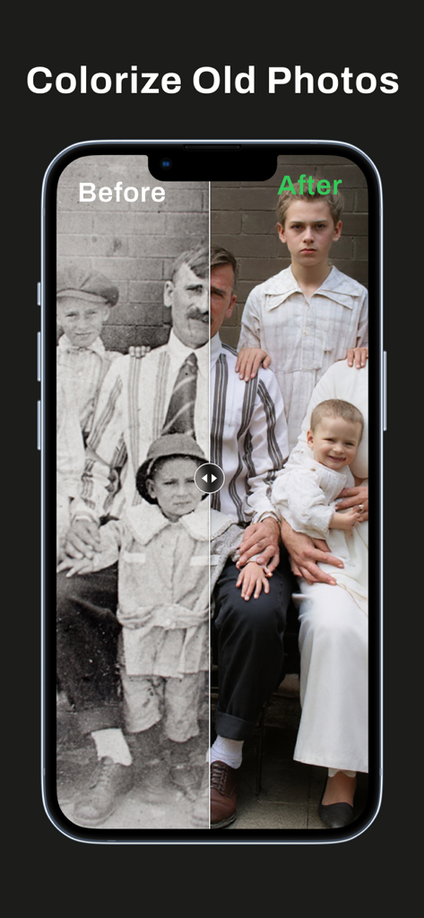 Una comparación del antes y el después de un retrato familiar antiguo coloreado usando restauración de IA.