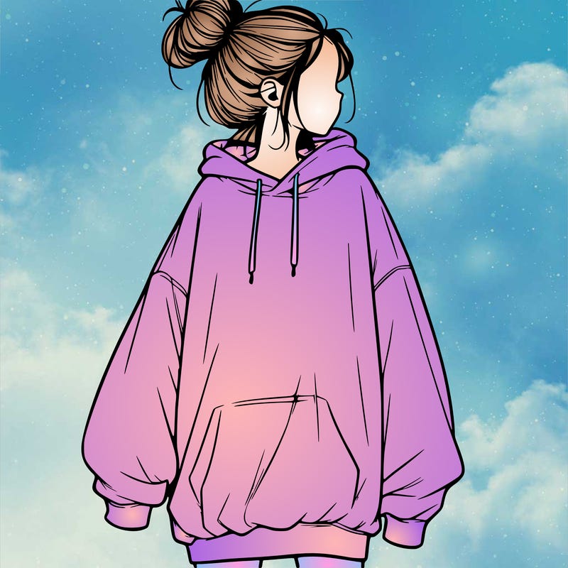 realistic girl with a oversized sweatshirt on and a bun