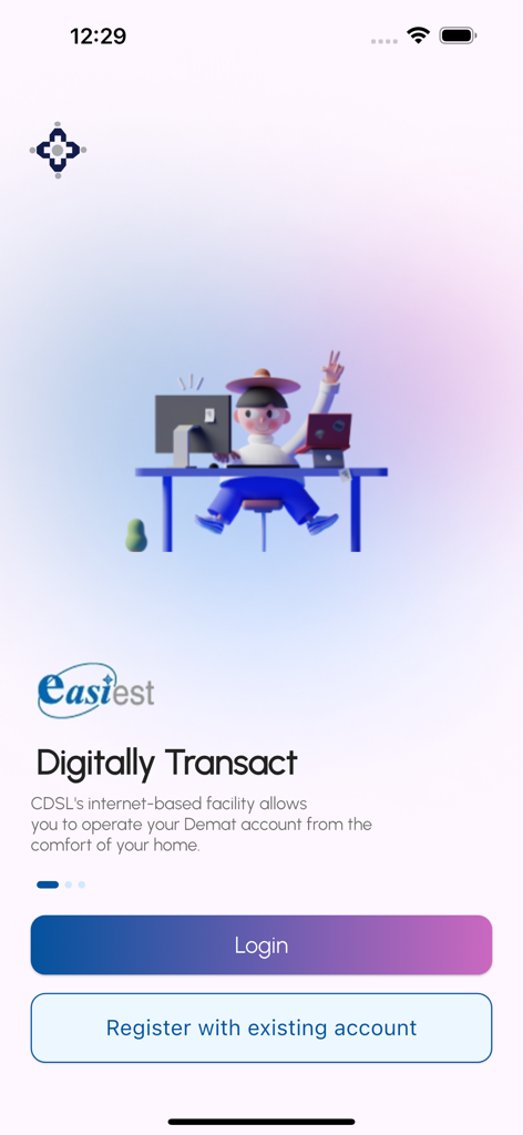 La pantalla de inicio de sesión y registro de la aplicación móvil CDSL MyEasi para la gestión de cuentas Demat digitales.