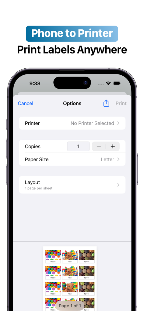 A smartphone screen showing the print options and a preview of photo labels for organizational bins.