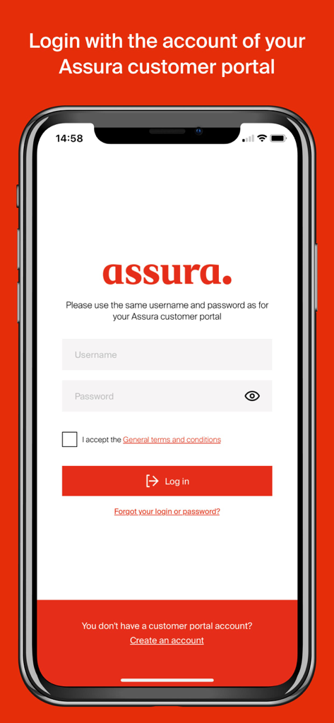Assura - Assura health insurance app login screen with username and password fields