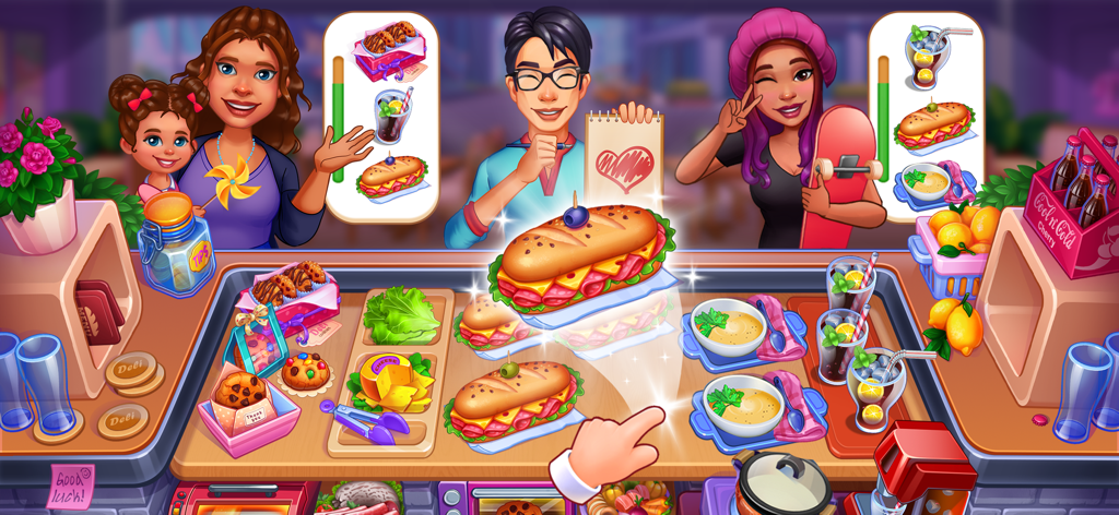 Cooking Time: Cooking Game - Sirviendo sándwiches y bebidas a diversos clientes en una concurrida simulación de restaurante.