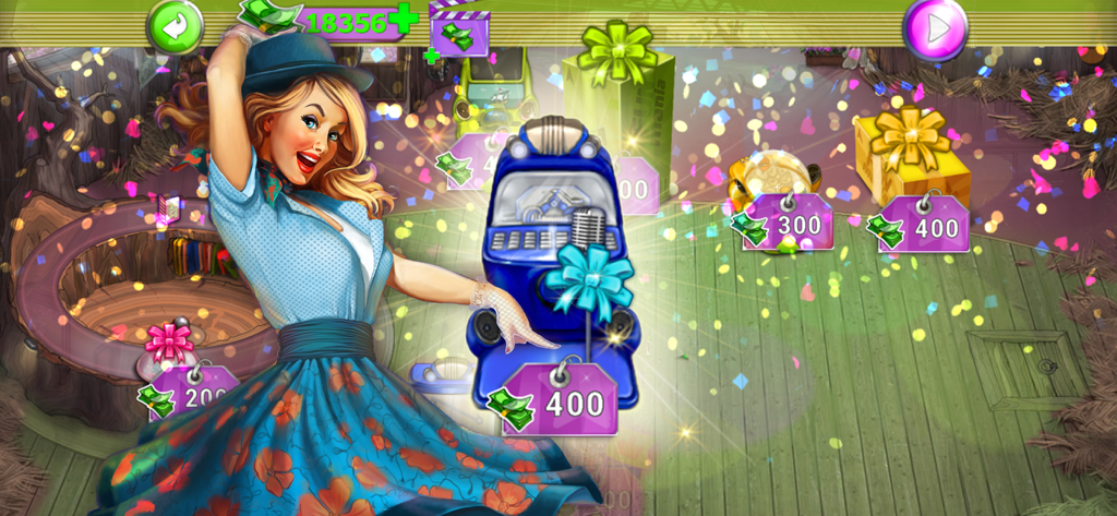 Funmania: time management game - Sophie character celebrates with falling confetti and gift items in the Funmania game