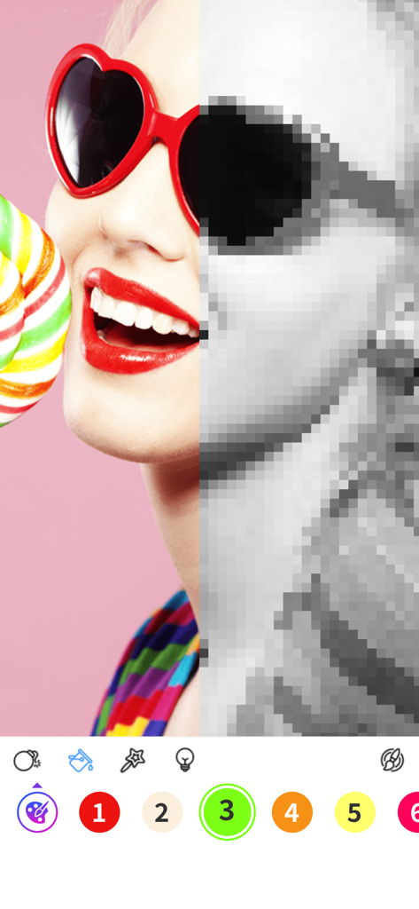 Split screen showing a photo being converted into a pixel art coloring page with numeric tools at the bottom