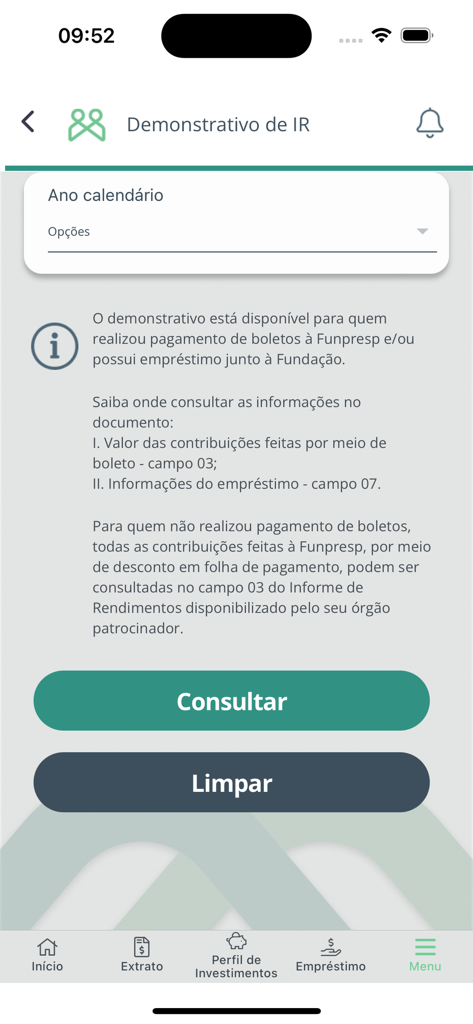 달력 연도 선택 및 조회 버튼을 보여주는 소득세 명세서 요청을 위한 Funpresp 앱의 모바일 화면.