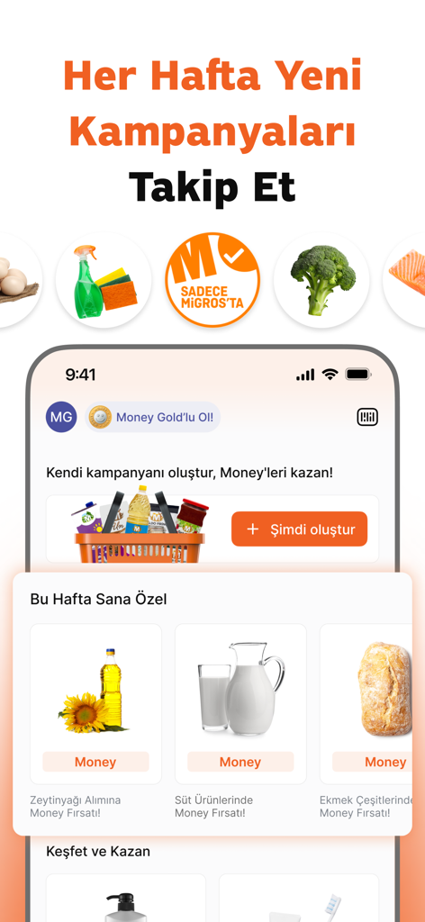 Money: Migros Kampanya, Finans - Money Migros app interface displaying personalized weekly grocery campaigns and reward points for items like olive oil and milk.