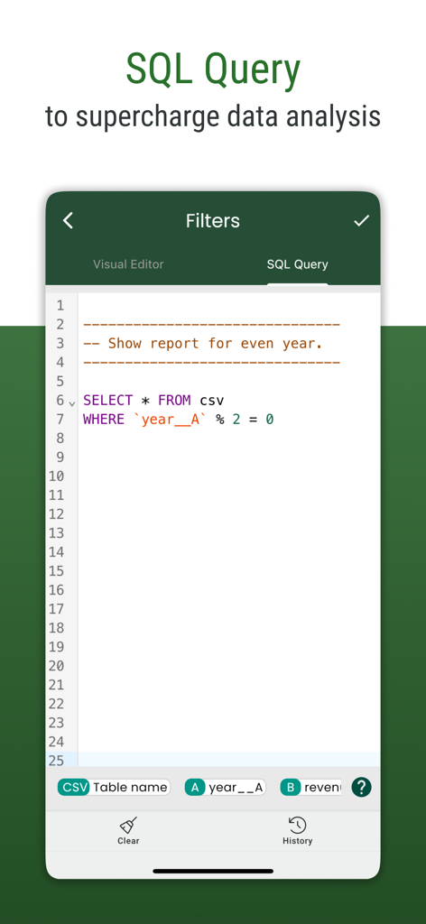Interface showing SQL query feature in Smart CSV app for data filtering