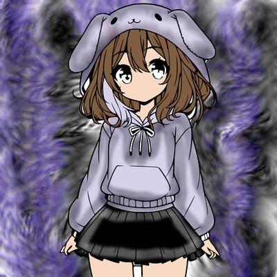 pretty anime girl wearing a fluffy hoodie with bunny ears on the hood and a skirt