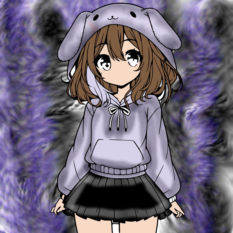 pretty anime girl wearing a fluffy hoodie with bunny ears on the hood and a skirt