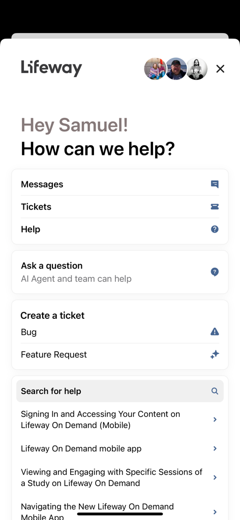 Lifeway On Demand - The help and support screen of the Lifeway On Demand app featuring messaging and ticket options.