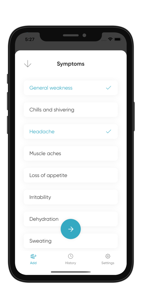 Mobile app screen showing a list of health symptoms like weakness and headache to correlate with blood oxygen levels