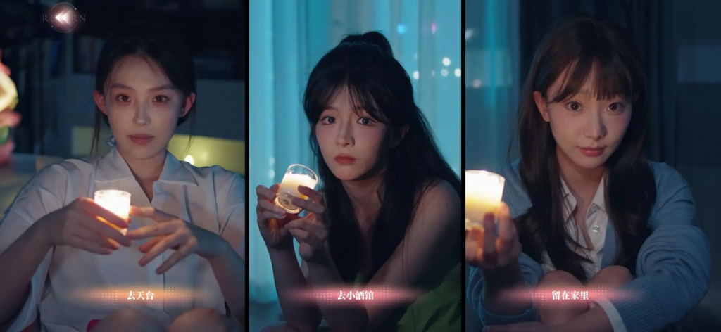 完蛋！我被美女包围了！房间里的心跳 - Tre donne che tengono candele in un menu di scelta del simulatore di appuntamenti interattivo a schermo diviso