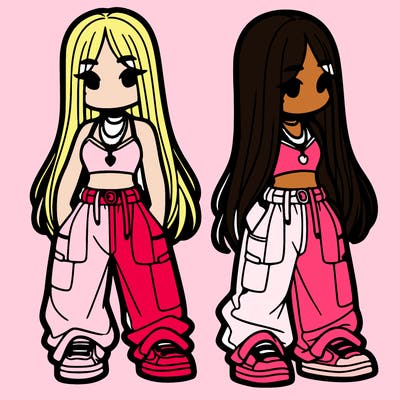 girl in baggy pants crop top and long hair