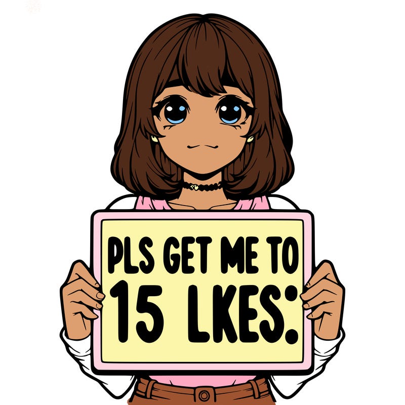 realistic girl holding up a sign that says “pls get me to 15 likes!”