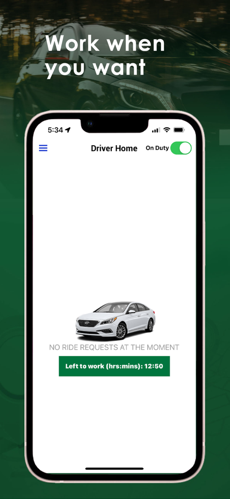 Nubeli Driver app home screen displaying the on duty status and work hours timer