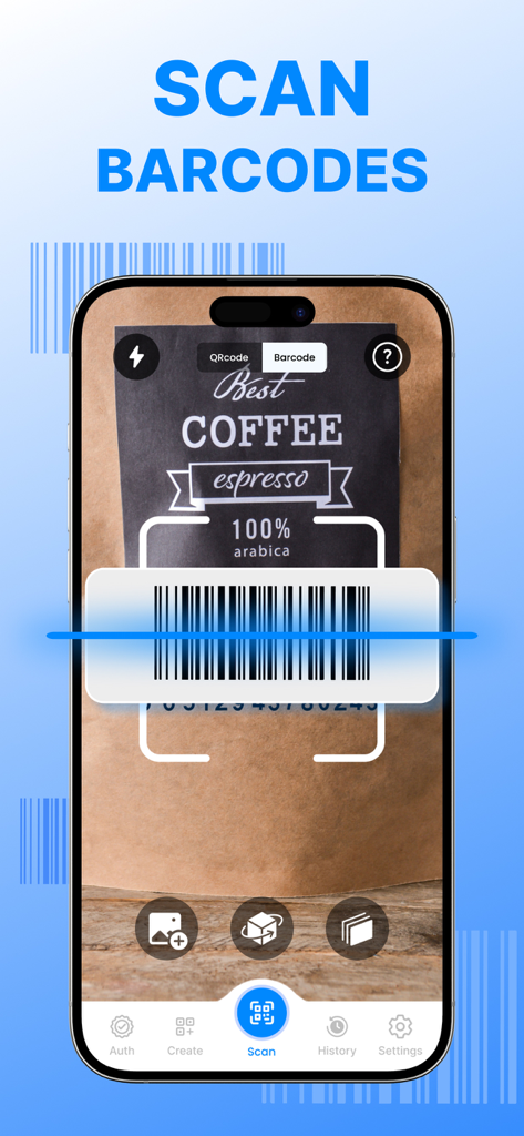 Scan QR Code - Barcode Reader - Tela de um iPhone mostrando um código de barras sendo digitalizado em um saco de café usando a interface do aplicativo Scan QR Code