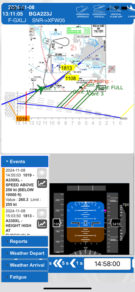 Vortex Mobile - Vortex Mobile app interface showing flight data replay with charts and instrument displays