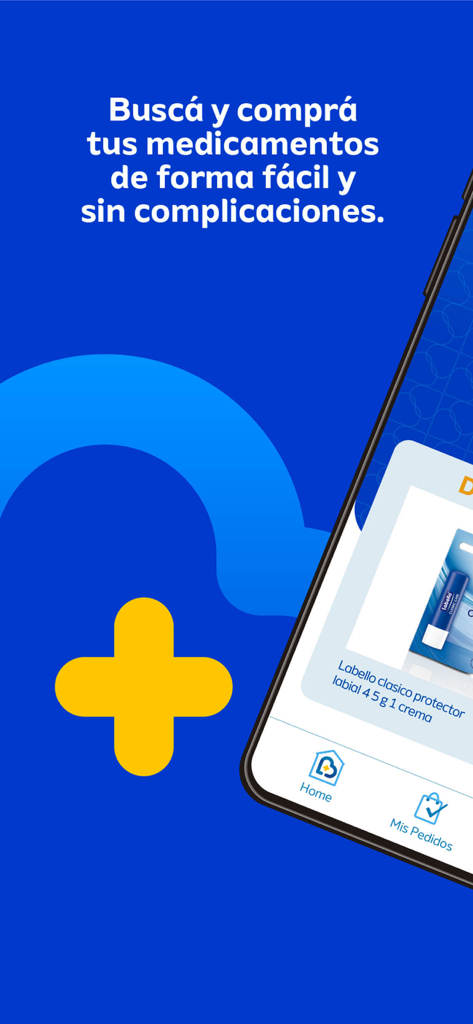 Mobile app screen for Farmacia La Bomba showing a lip balm product and a message about easy medicine purchasing in Spanish.