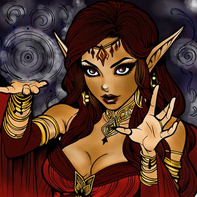 realistic scary beautiful elf sorceress casting spell