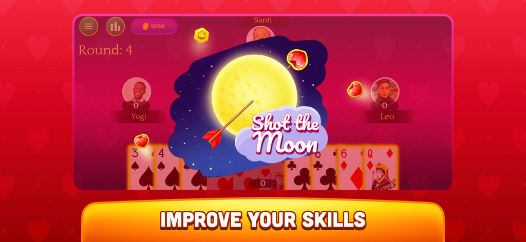 Hearts - Offline Card Game - Hearts Offline card game screenshot showing the Shot the Moon achievement during a round