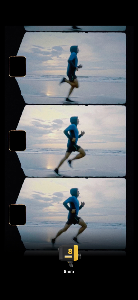 Une série de trois cadres verticaux montrant une personne courant sur une plage avec un filtre pellicule vintage 8mm