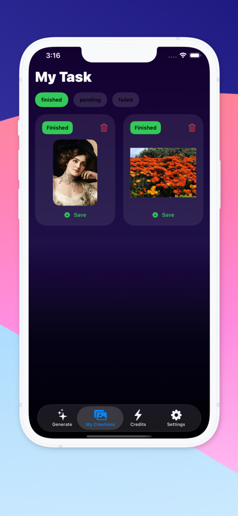 Vista de galería de fotos coloreadas terminadas dentro de la interfaz de la aplicación móvil Pixtable AI.