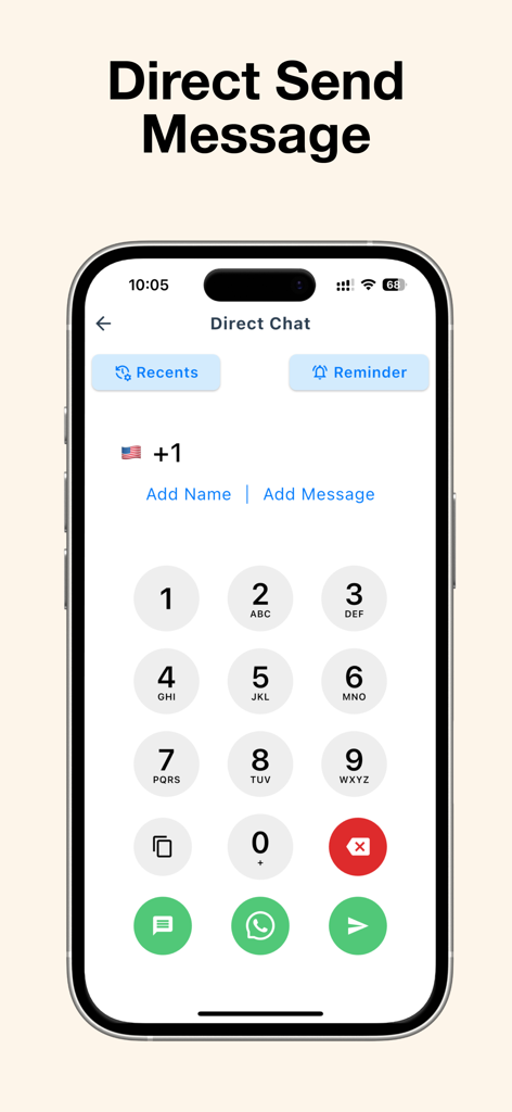 WhatScan : Dual Web Messenger - WhatScan app interface showing direct chat feature with a dial pad for sending messages without saving contacts