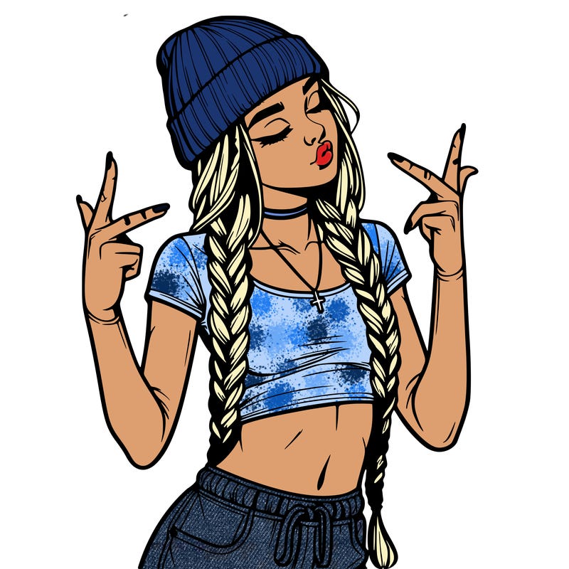 realistic teenage girl with braids and a beanie and crop top doing 🫶🏼