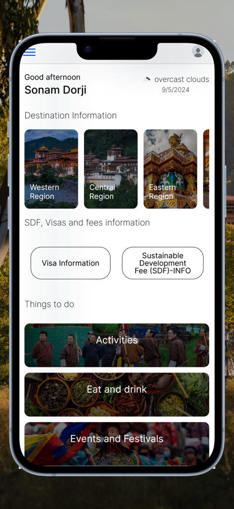ブータン観光アプリのダッシュボード。地域、旅行ロジスティクス、アクティビティが表示されています。