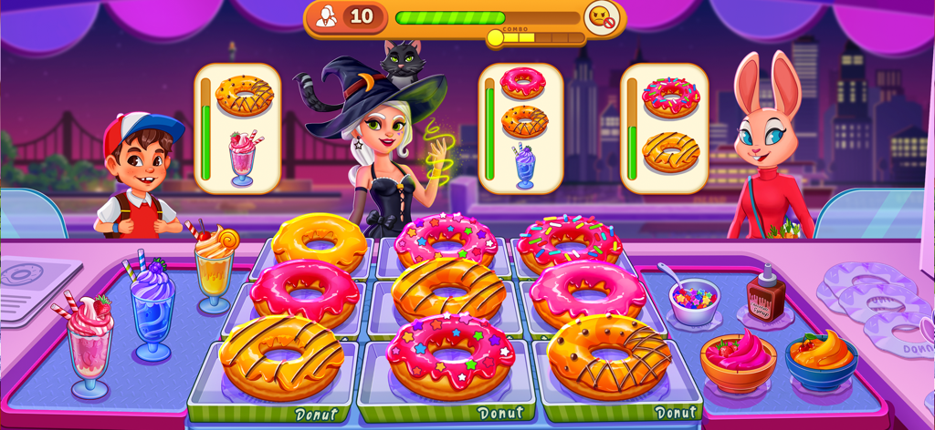 Gameplay screenshot of Cooking Max showing customers ordering donuts and milkshakes in a city setting