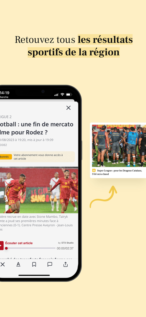 Écran de smartphone affichant les actualités sportives régionales et les résultats de football locaux dans l'application d'actualités de l'Aveyron.