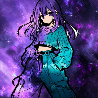 anime teen girl with baggy pants and crop top with sweater