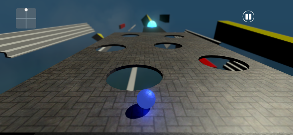 Rollz -Adventure Rolling Ball - A glowing blue ball navigating a platform with holes in a dreamlike space environment