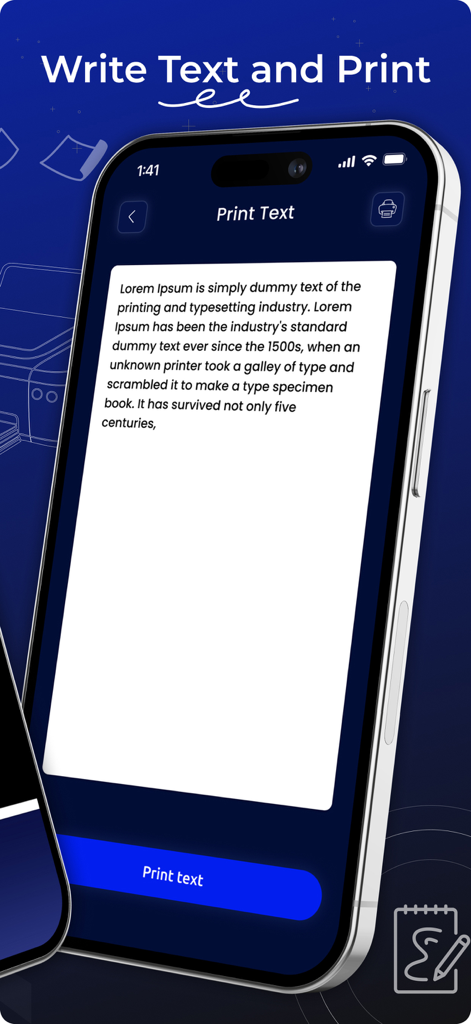 Tela de smartphone exibindo o recurso de escrever texto e imprimir de um aplicativo de impressora inteligente