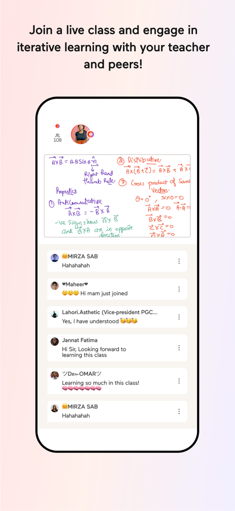 Schermata dello smartphone che mostra una lezione live di Noon Academy con una lavagna bianca e una chat degli studenti
