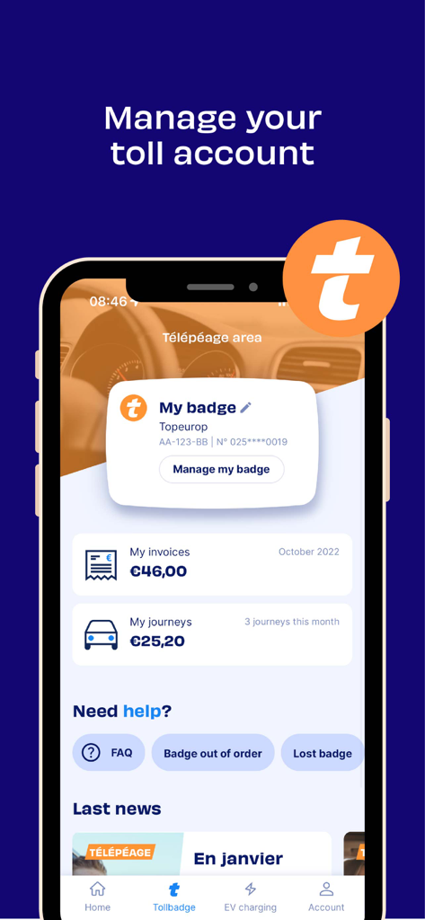 Fulli - Fulli mobile app screen for managing toll account badges invoices and journey costs