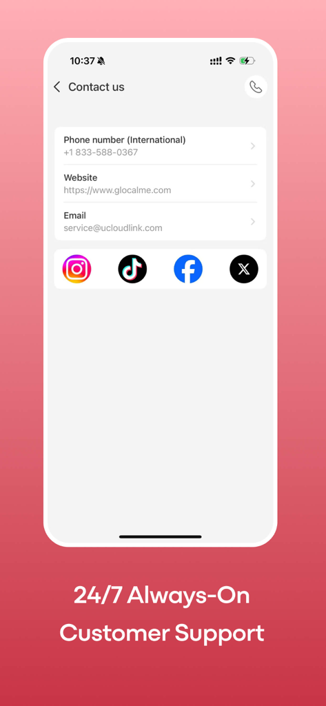 GlocalMe: Mobile Hotspot, eSIM - GlocalMe App Kontaktseite zeigt internationale Telefonnummer, E-Mail, Website und 24/7-Kundensupport