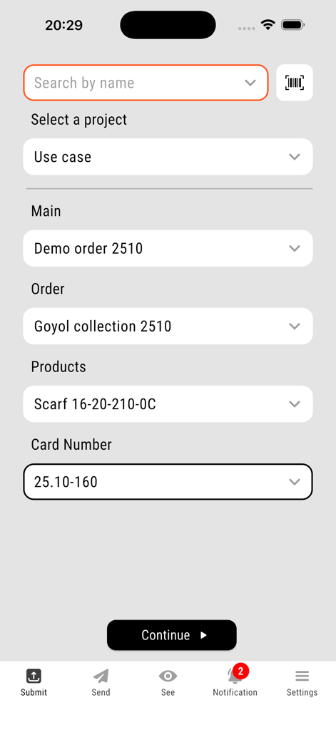 Obortech Smart Hub App-Oberfläche, die ein digitales Formular zur Auswahl von Projekten, Demo-Bestellungen und Produkten für die Lieferkettenverfolgung zeigt.