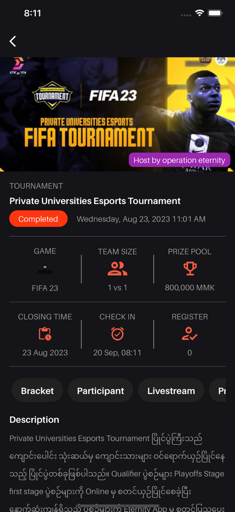 Eternity E-Sport MM - Screen showing details for a FIFA 23 esports tournament within the Eternity E-Sport app including prize pool and team size.