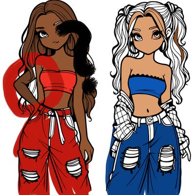 2 girls in crop tops and baggy jeans ripped