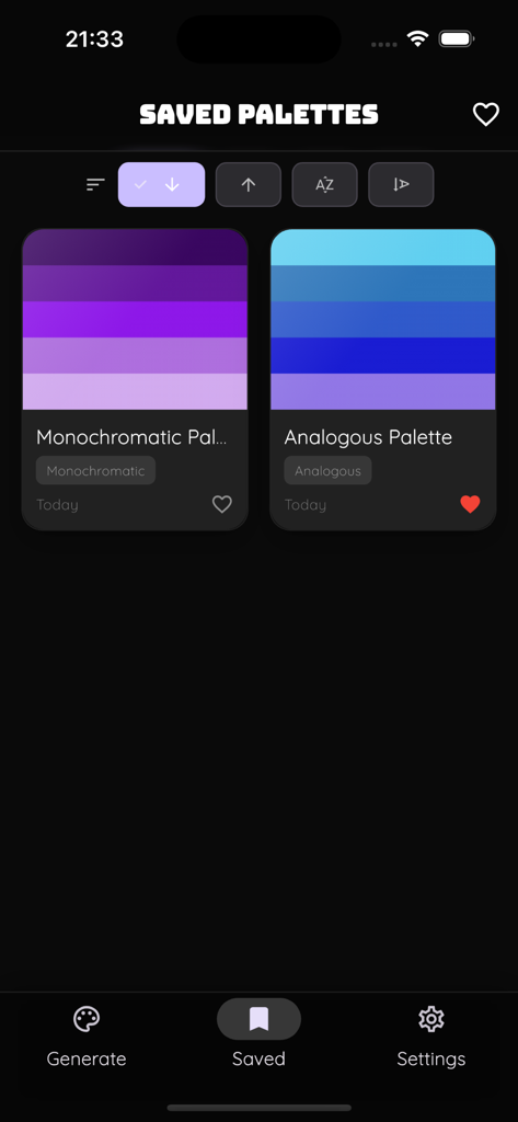 Colors by Lumina - Saved color palettes screen in Colors by Lumina app