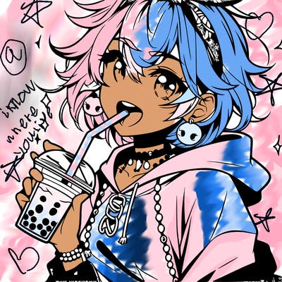 hot baddie anime girl drinking boba and biting the straw
