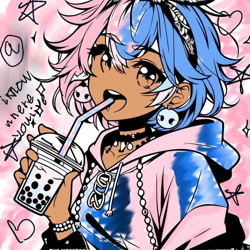 hot baddie anime girl drinking boba and biting the straw